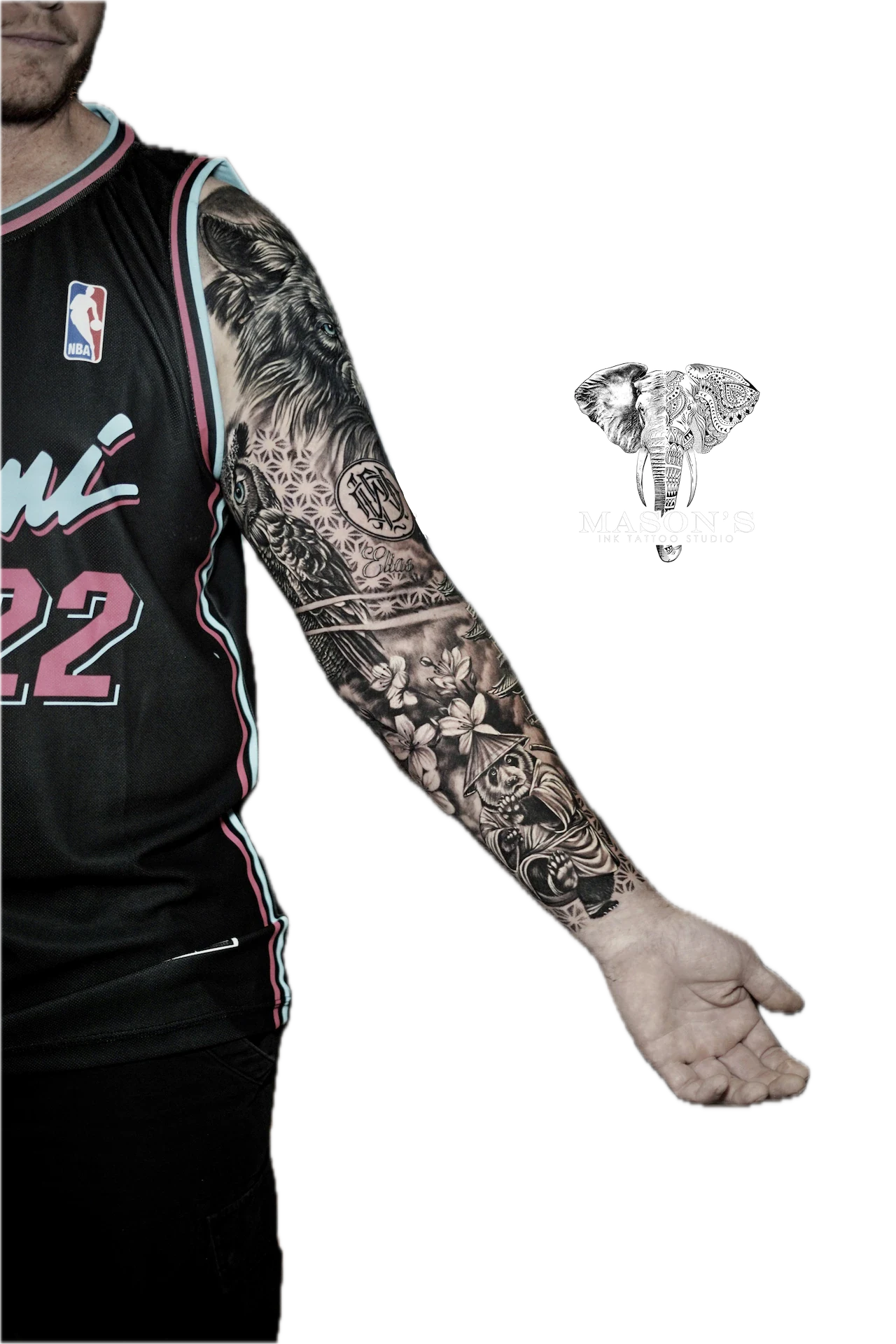 Realism Japanese Panda Flower tattoo by Mason's Ink Tattoo Studio, Bali