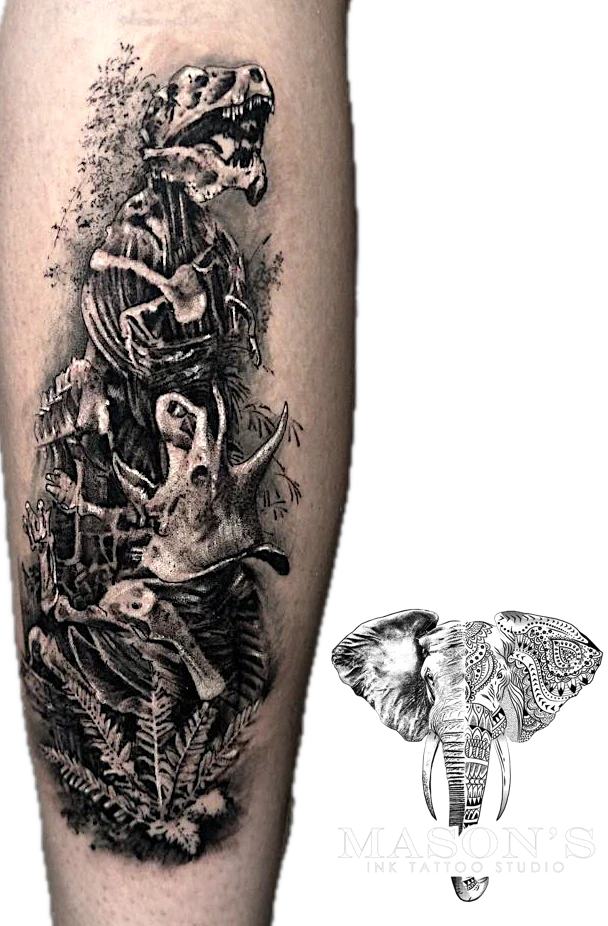 Realism Jurasic Dinosaurus tattoo by Mason's Ink Tattoo Studio, Bali