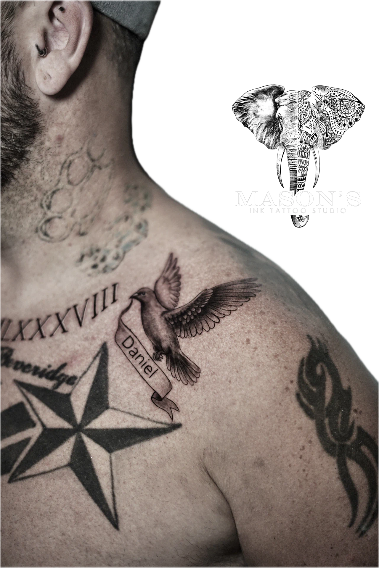 Black Work Bird and Script tattoo by Mason's Ink Tattoo Studio, Bali