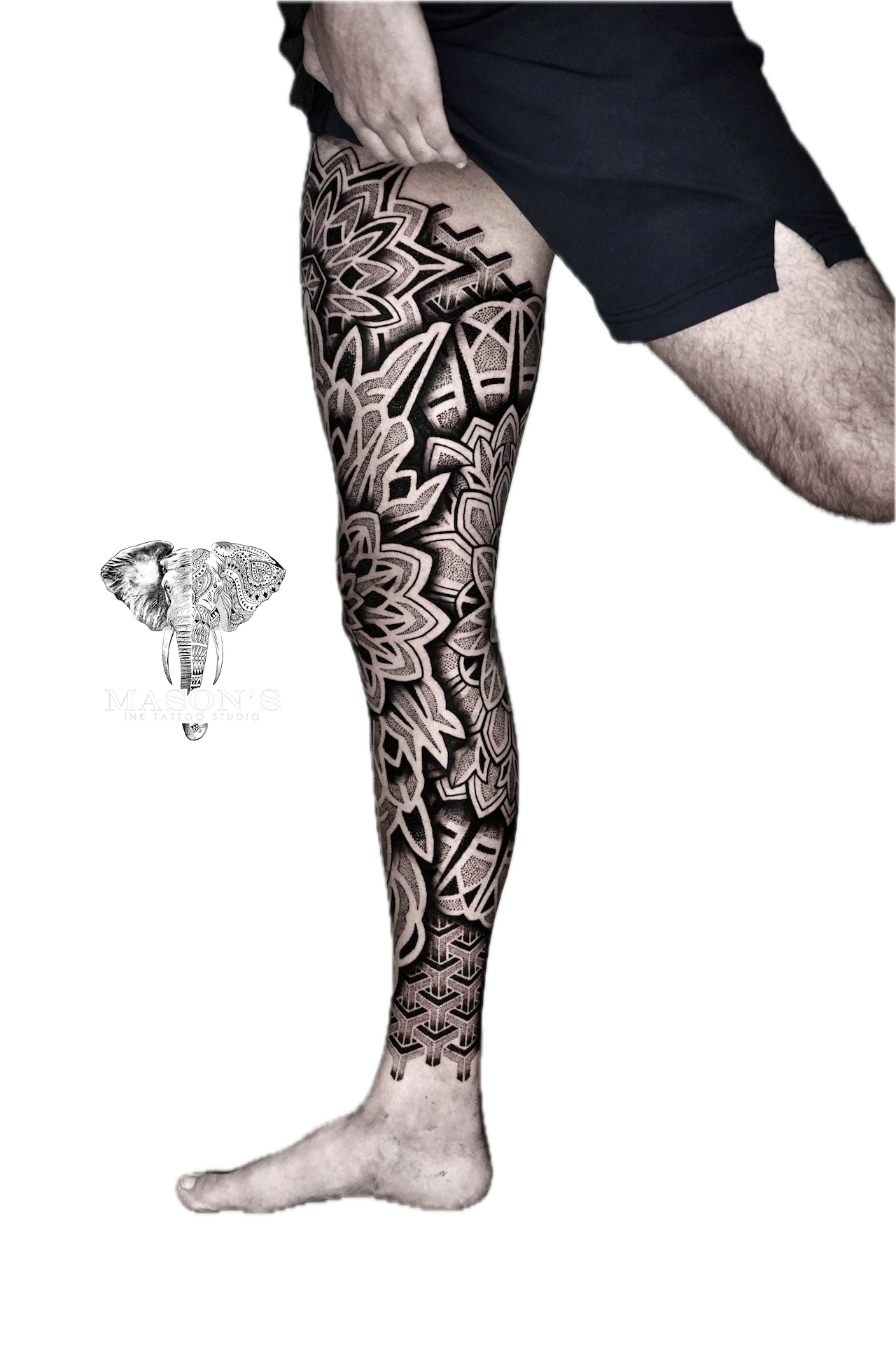Mandala & Black Work Tattoo Design: Intricate geometric pattern covering the entire leg