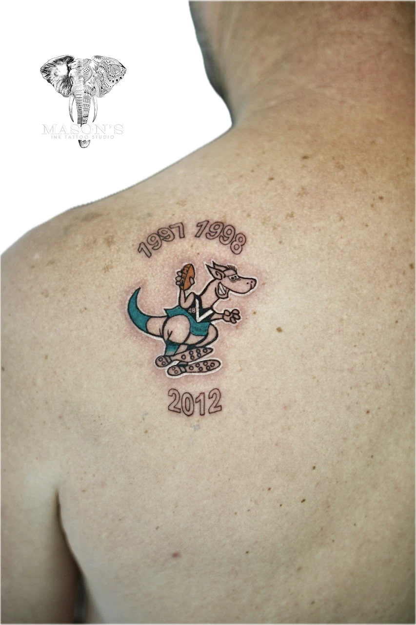 Color Kangaroo Tattoo Design: a kangaroo in a sports jersey with years and a football