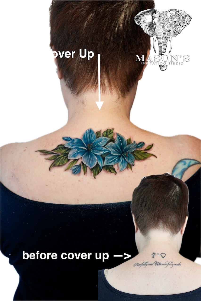 Color Floral Cover Up Tattoo Design: a blue flower with green leaves covering a cross and heart tattoo