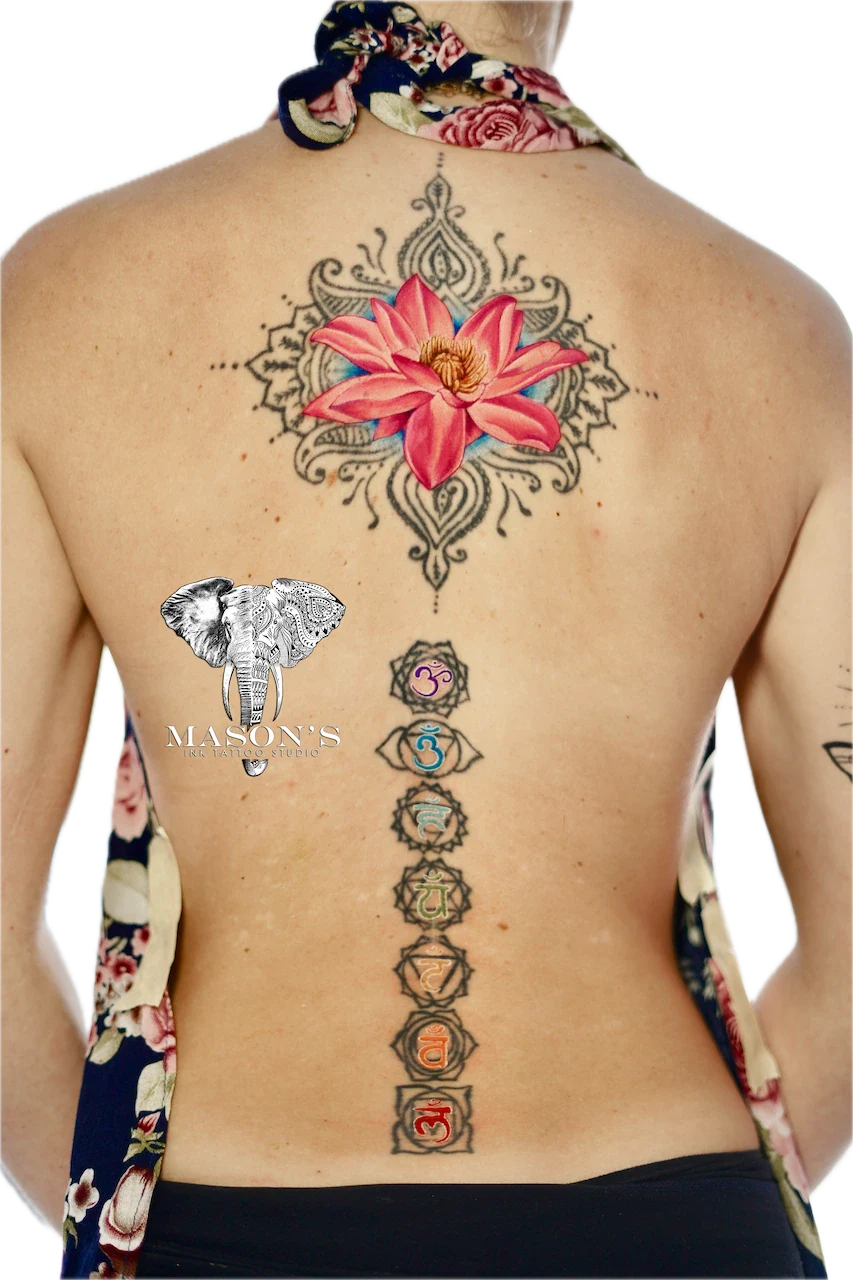 Color Floral Tattoo Design: a large colorful lotus mandala with chakras and an elephant on the back