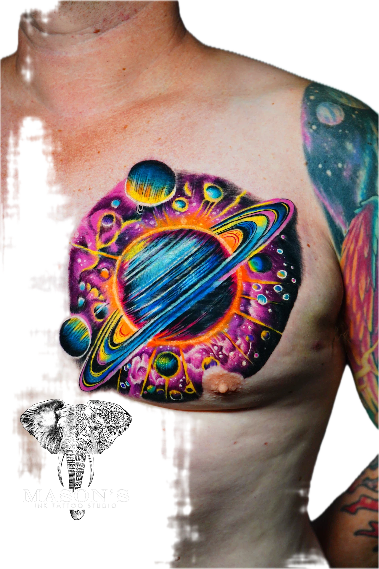Color Tattoo Style Galaxy Planet Design: a vibrant space-themed tattoo featuring Saturn and surrounding celestial bodies