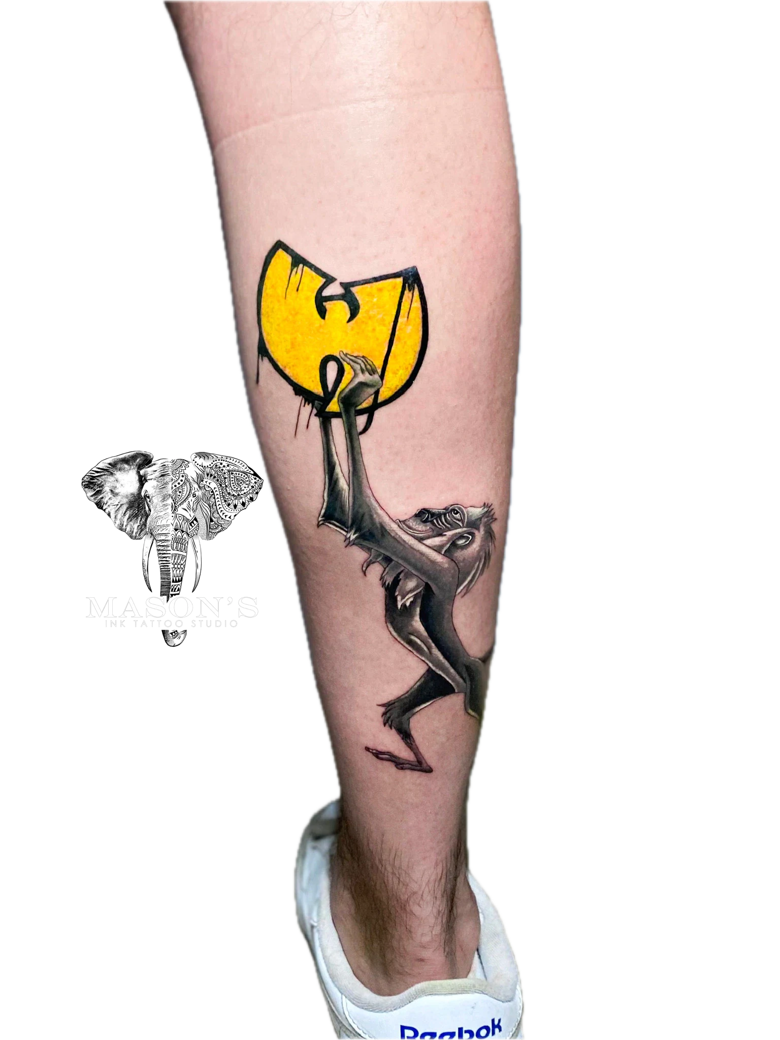 Color Realism Tattoo Style: Animal Monkey & Wutang: a yellow moon with a bat hanging from it on a calf