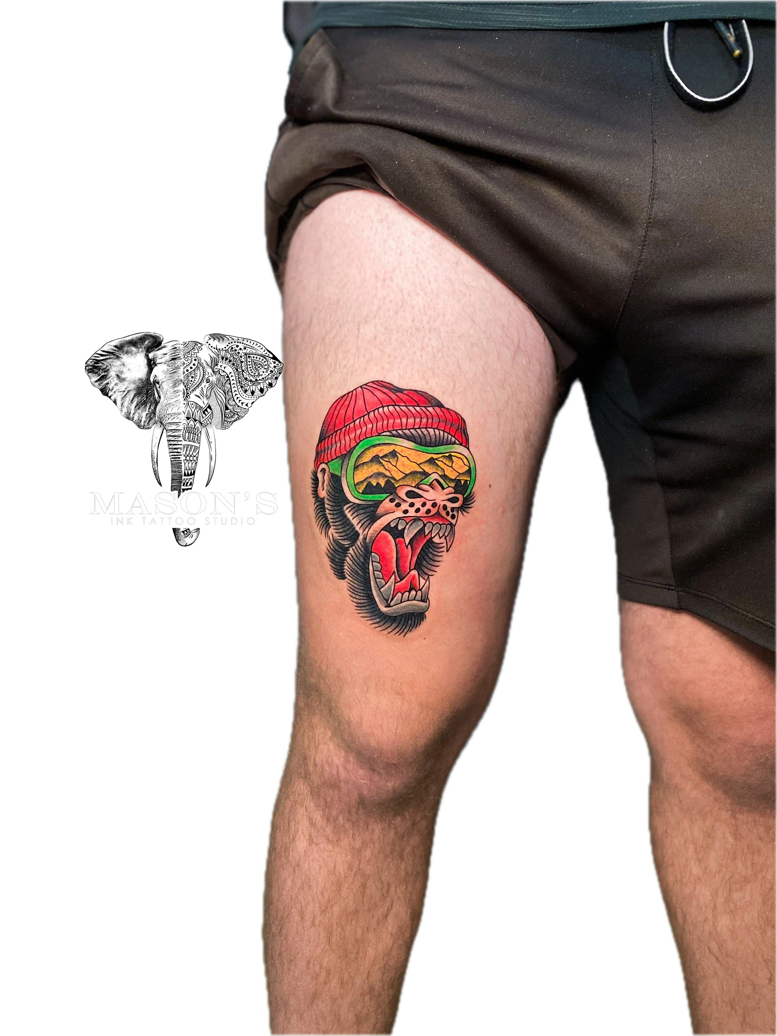 Colored Neo-Traditional Tattoo Style Design: a colorful tiger head wearing a hat on a thigh
