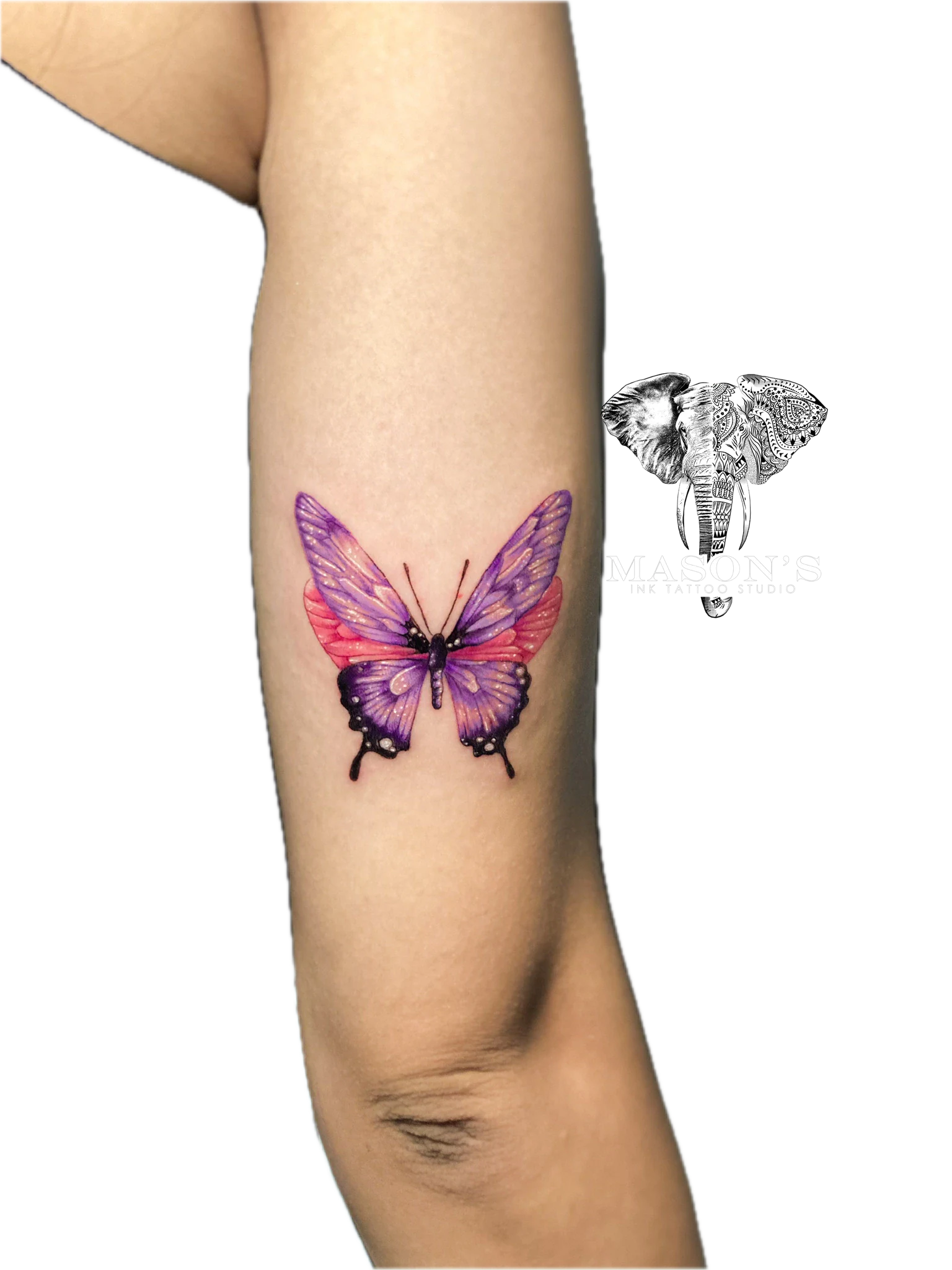 Color Tattoo Style Butterfly Design: a colorful butterfly tattoo on the forearm
