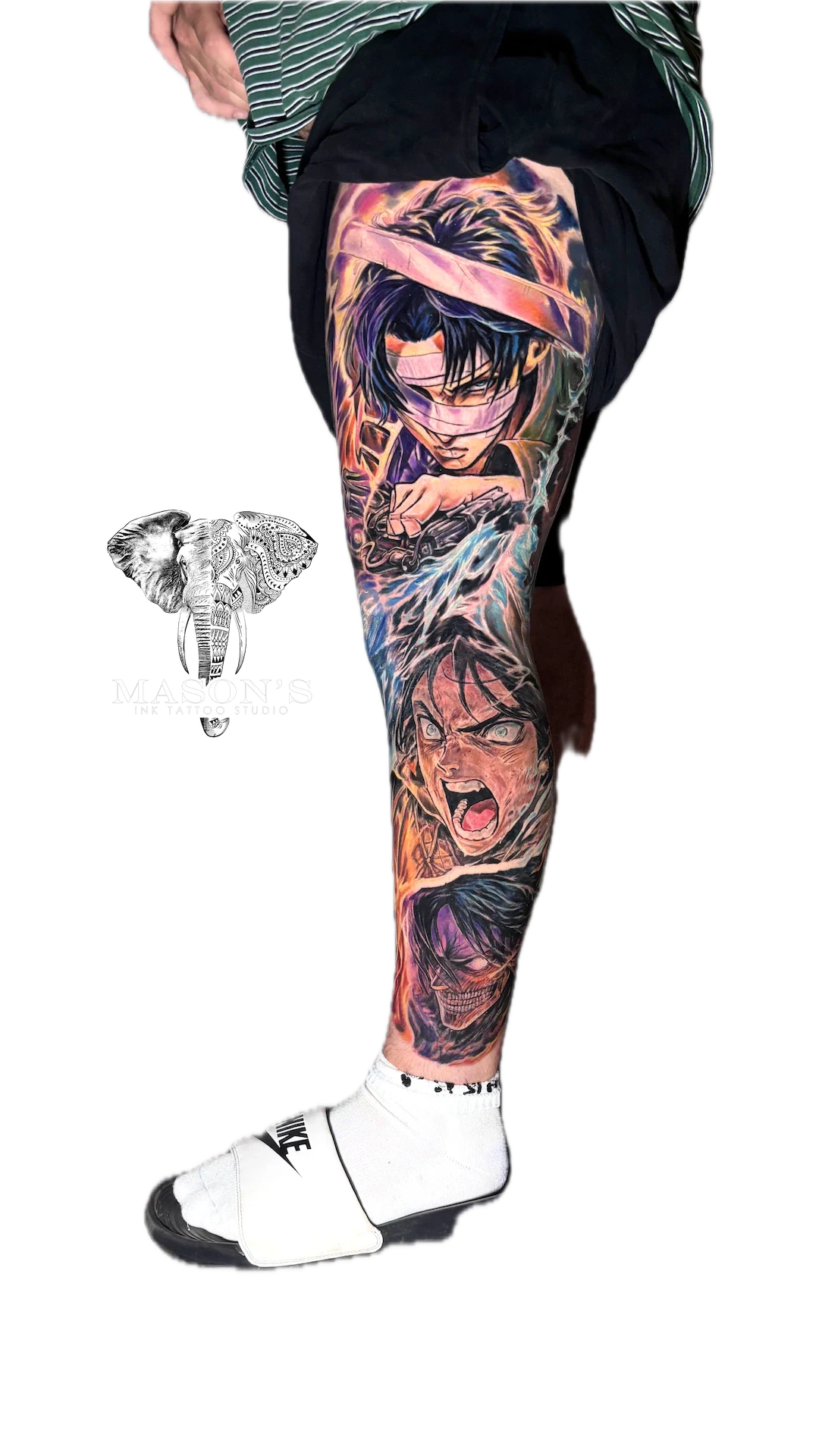 Color Tattoo Style Anime Design: a colorful full calf tattoo of a character with a skull