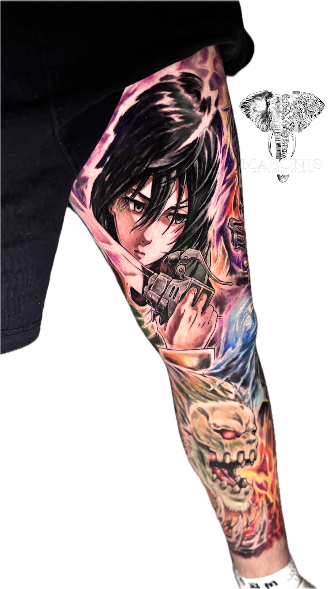 Color Tattoo Style : Anime: a full sleeve tattoo of a character holding a gun with a skull and flames