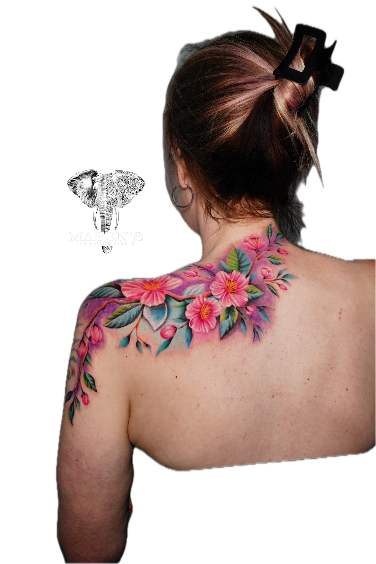 Colored Floral Tattoo Design: a vibrant floral tattoo with colorful flowers and leaves on the shoulder