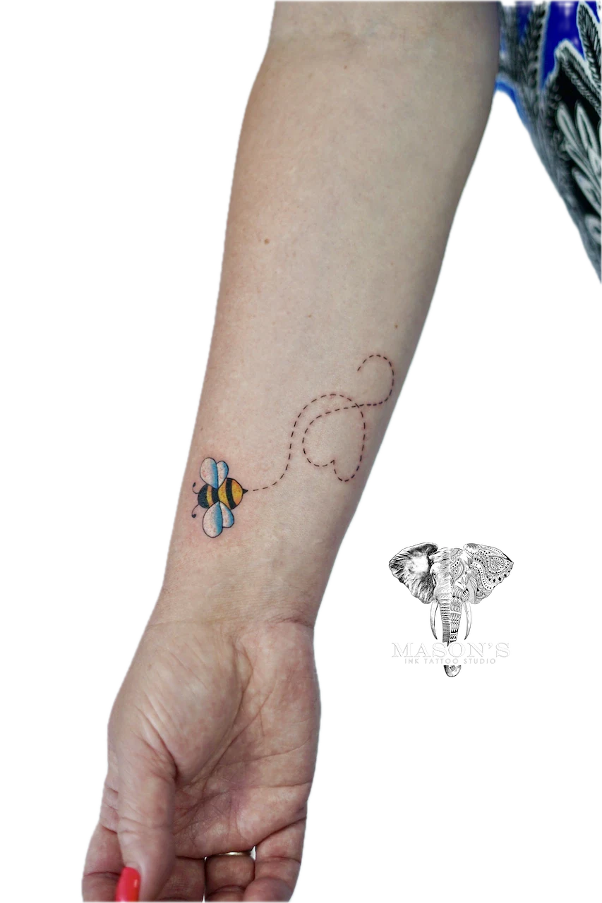 Color Fine Line Bee Tattoo Design by Mason's Ink Tattoo Studio, Bali