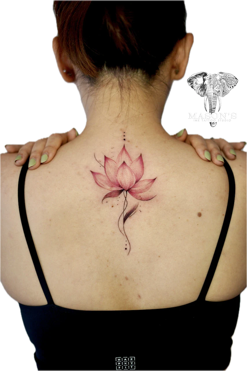 Color Fine Line Floral Back Tattoo Design by Mason's Ink Tattoo Studio, Bali