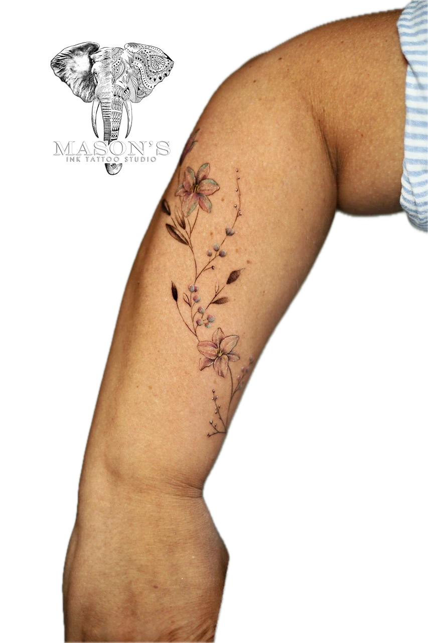 Color Fine Line Floral Tattoo Design - Colour tattoo by Mason's Ink Tattoo Studio, Bali