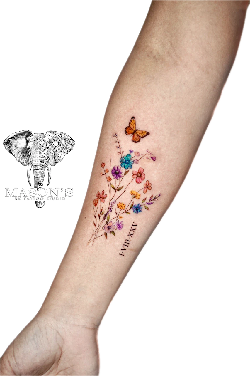 Color Floral Bouquet Tattoo Design - Colour tattoo by Mason's Ink Tattoo Studio, Bali