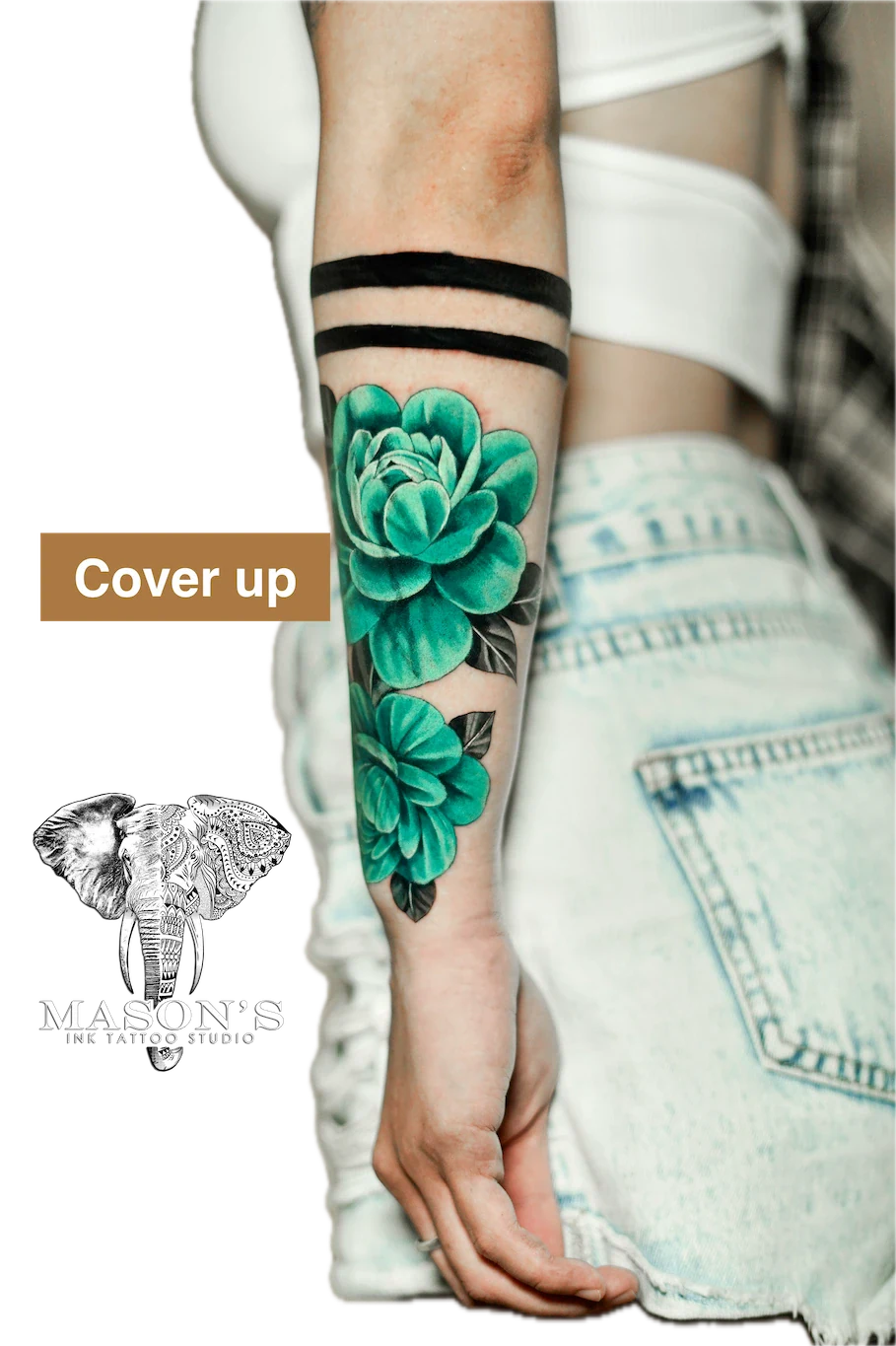 Color Floral Cover Up Tattoo Design: Large green succulent tattoo on the forearm