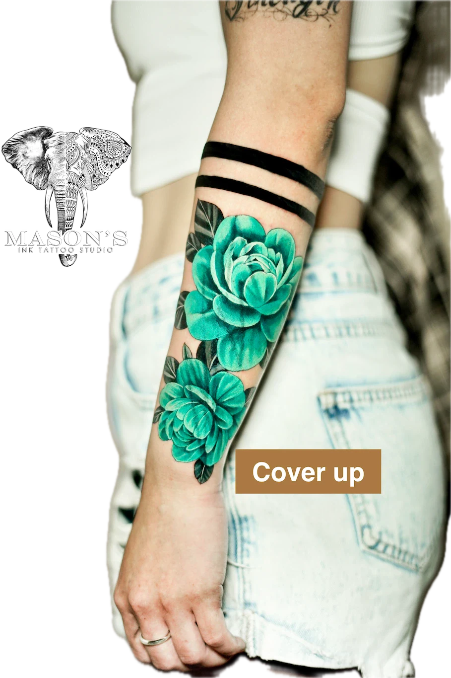 Color Floral Cover Up Tattoo Design: a colorful succulent plant tattoo on the forearm