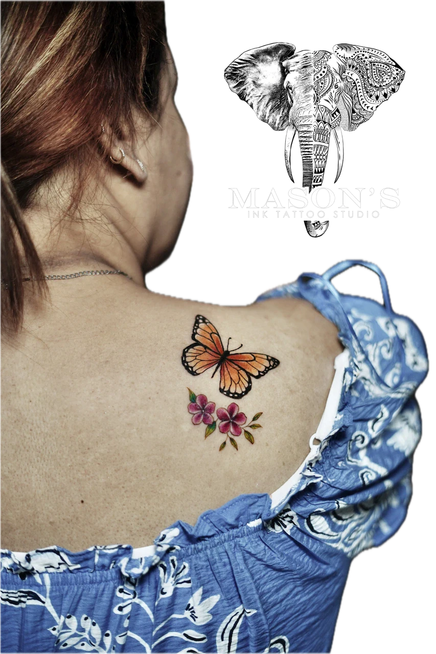 Color Floral Flower Butterfly Tattoo by Mason's Ink Tattoo Studio, Bali