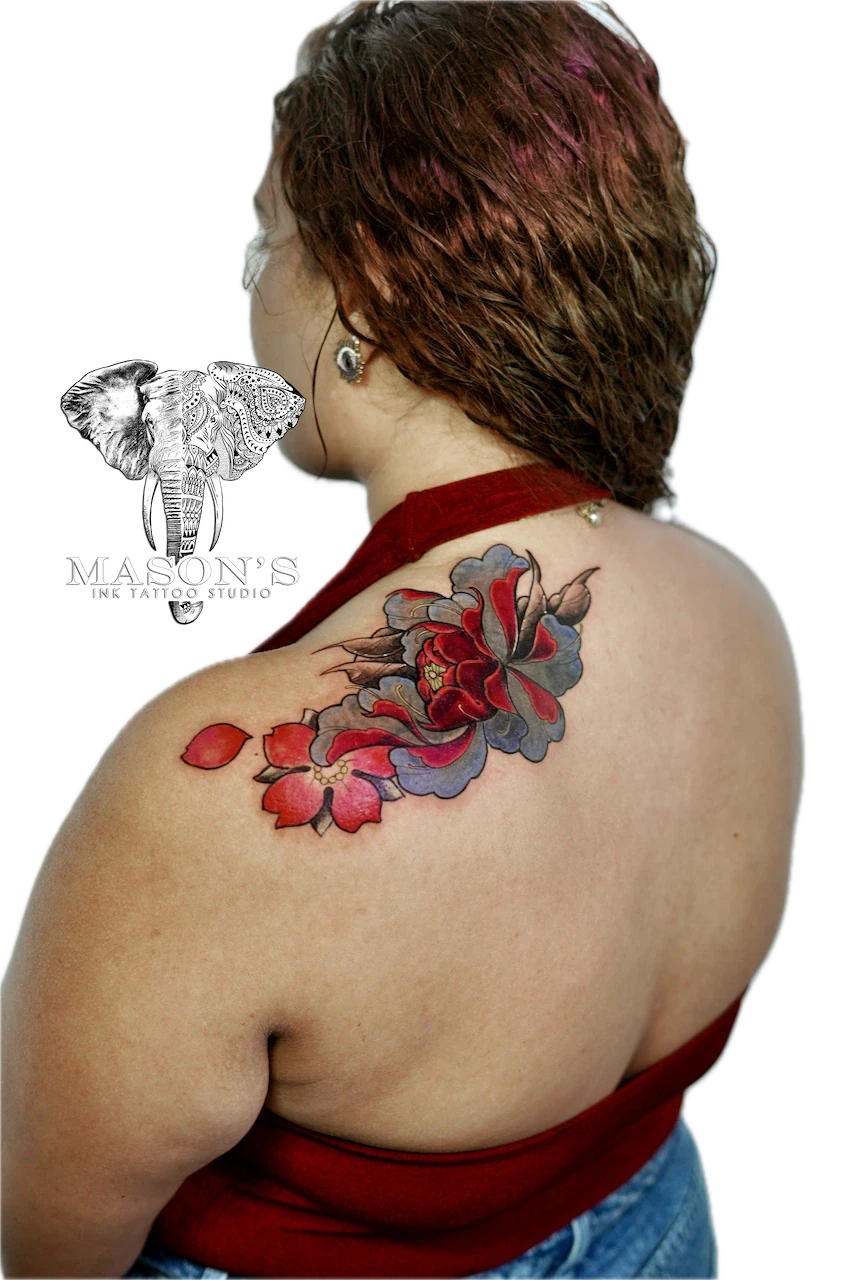Color Floral Flower Tattoo Design - Colour tattoo by Mason's Ink Tattoo Studio, Bali