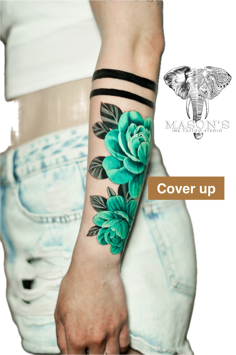 Color Flower Cover Up Tattoo Design: a colorful flower and leaf design on the forearm