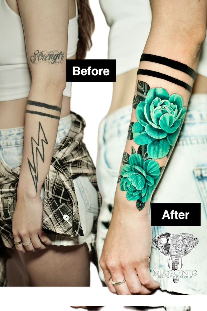 Color Flower Cover Up Tattoo Design: a large forearm tattoo of blue flowers with minimalist lines and lettering