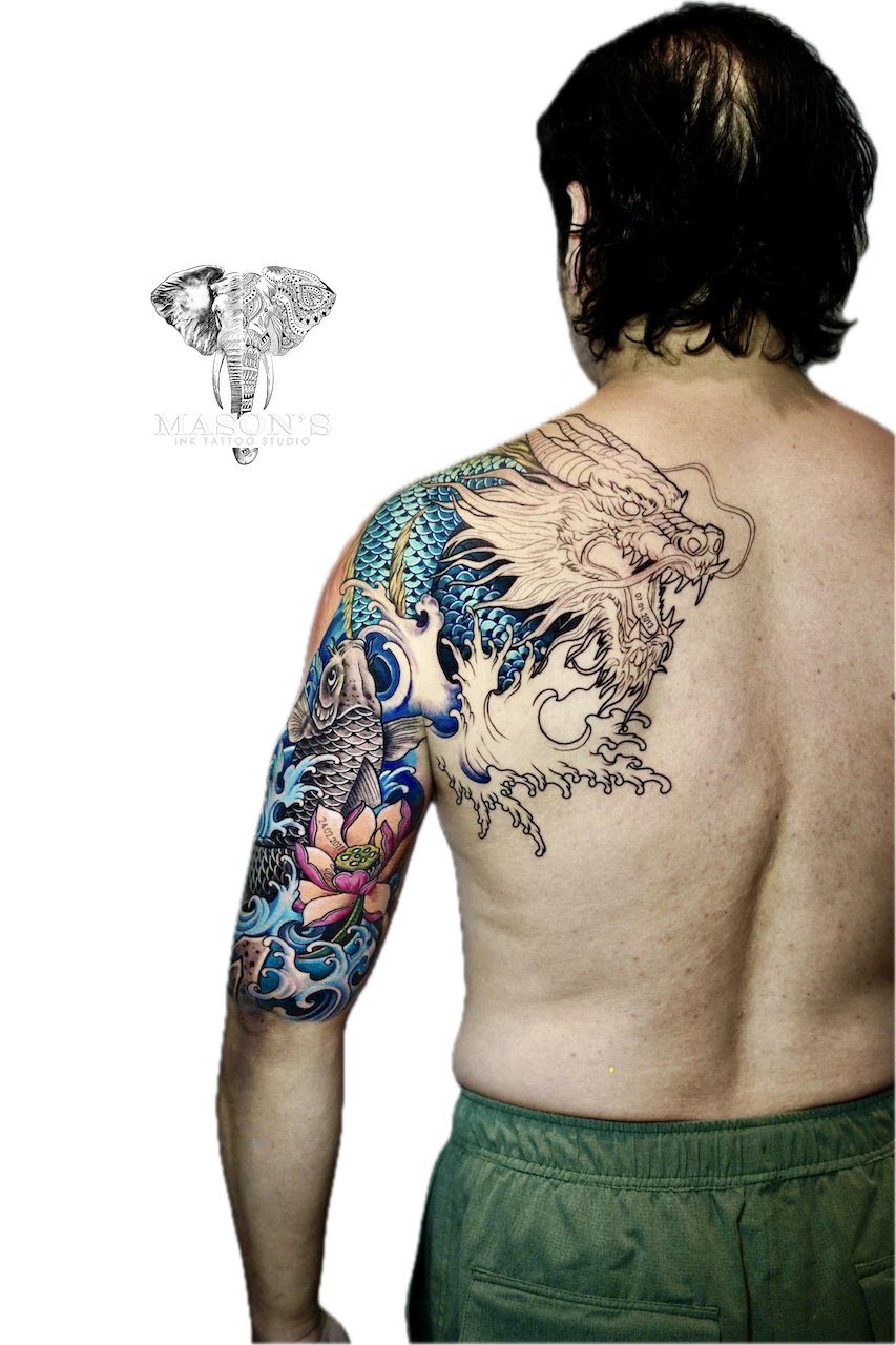Color Japanese Dragon Tattoo Design by Mason's Ink Tattoo Studio, Bali