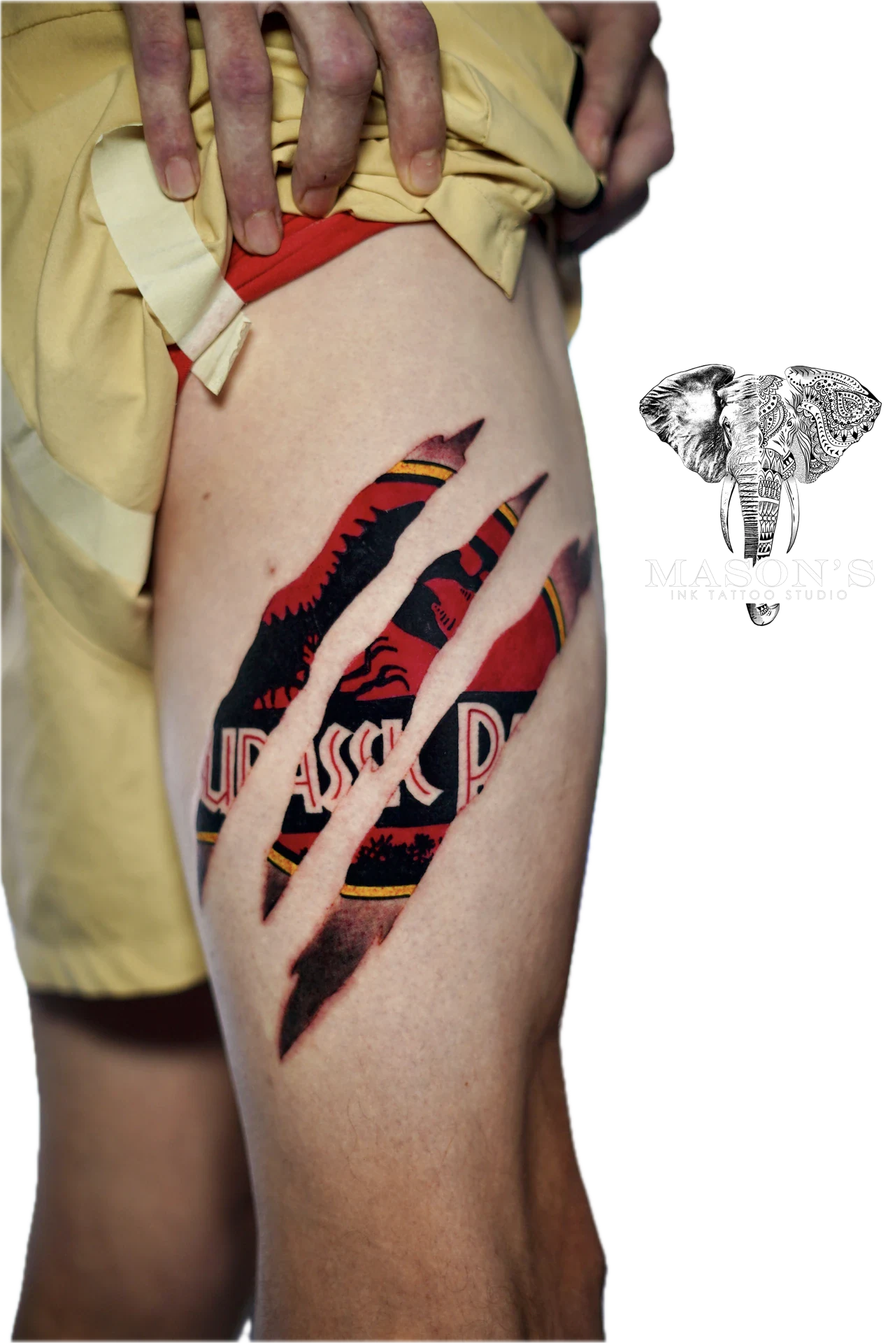 Color Jurasic Park Dinosour Tattoo by Mason's Ink Tattoo Studio, Bali