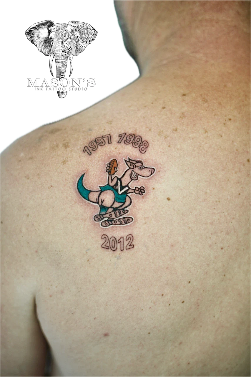 Color Kangaroo Tattoo Design: a kangaroo in a sports jersey with years and stars