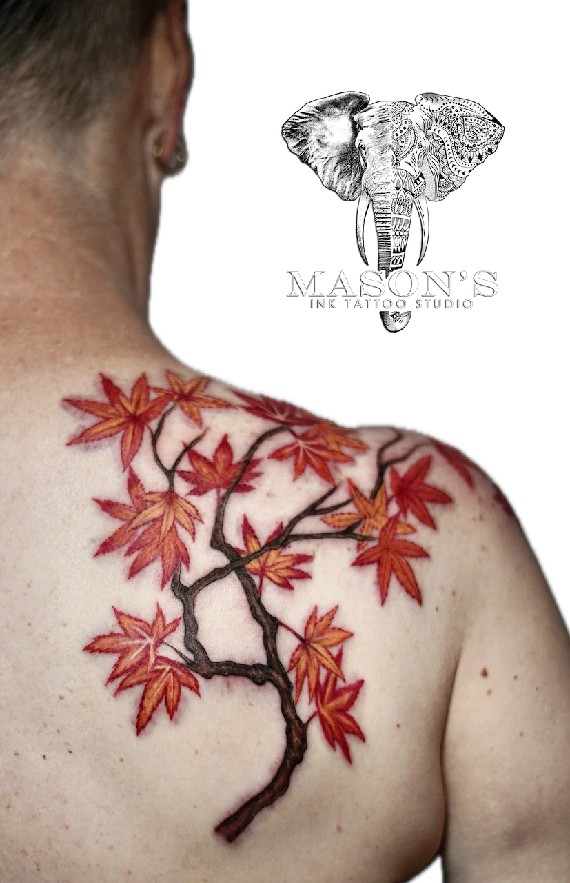 Color Leaf Tattoo Design: a colourful autumn tree branch on the shoulder