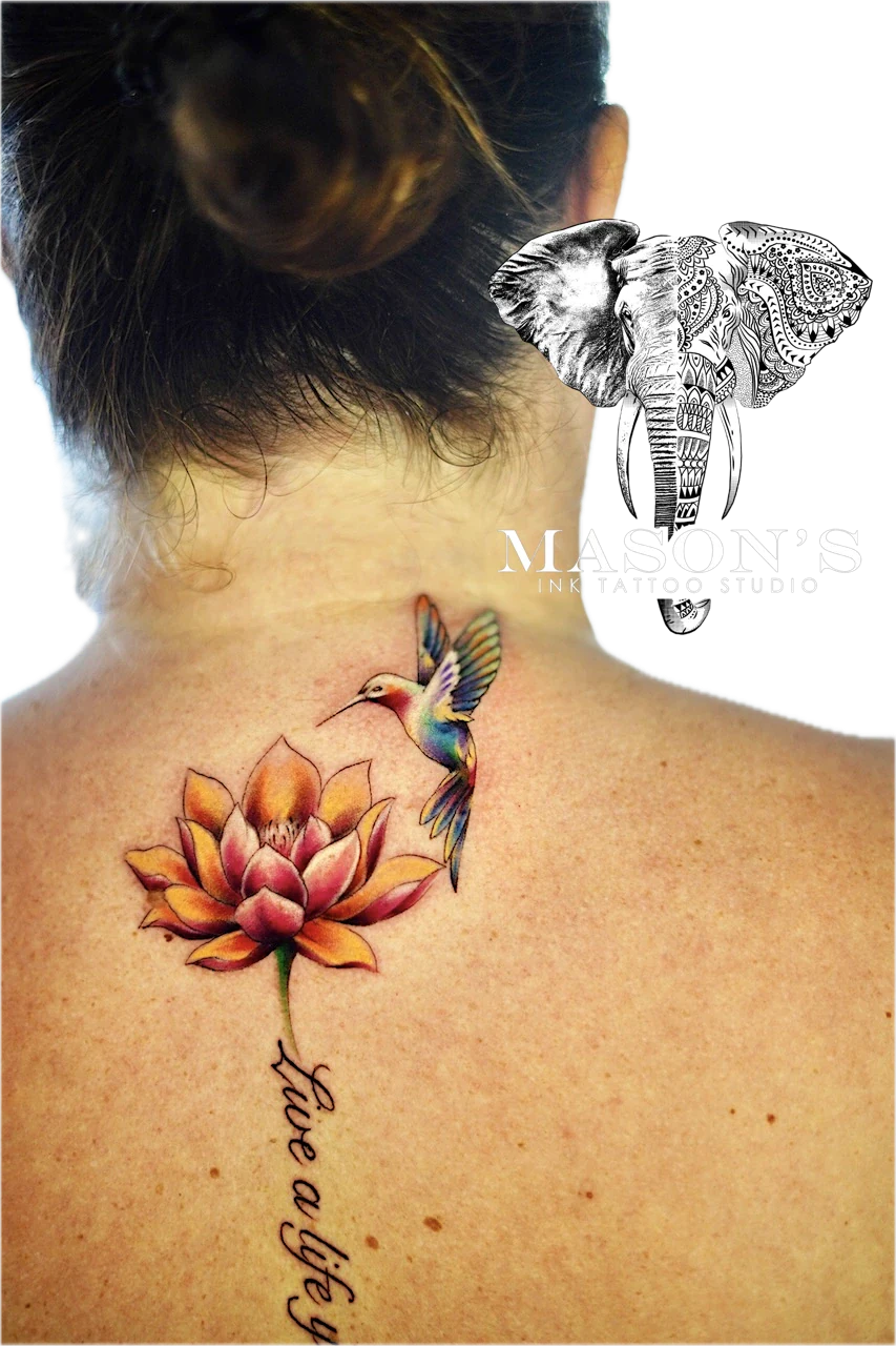 Color Lotus Bird Script Tattoo Design by Mason's Ink Tattoo Studio, Bali