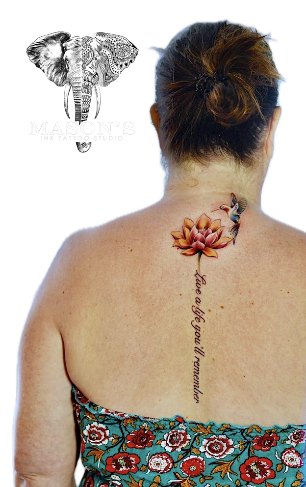 Color Lotus Bird and Script Tattoo Design by Mason's Ink Tattoo Studio, Bali