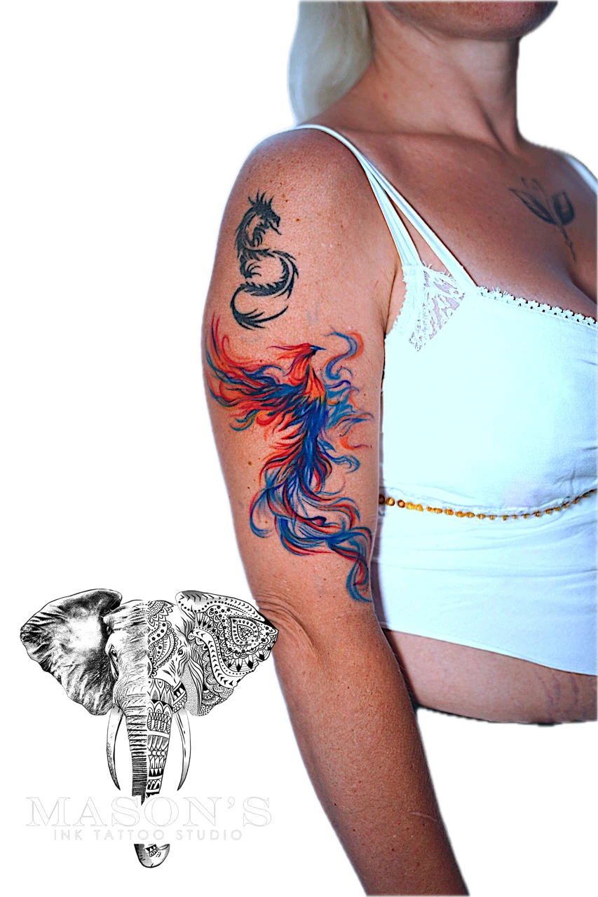 Color Phoenix Tattoo Design by Mason's Ink Tattoo Studio, Bali