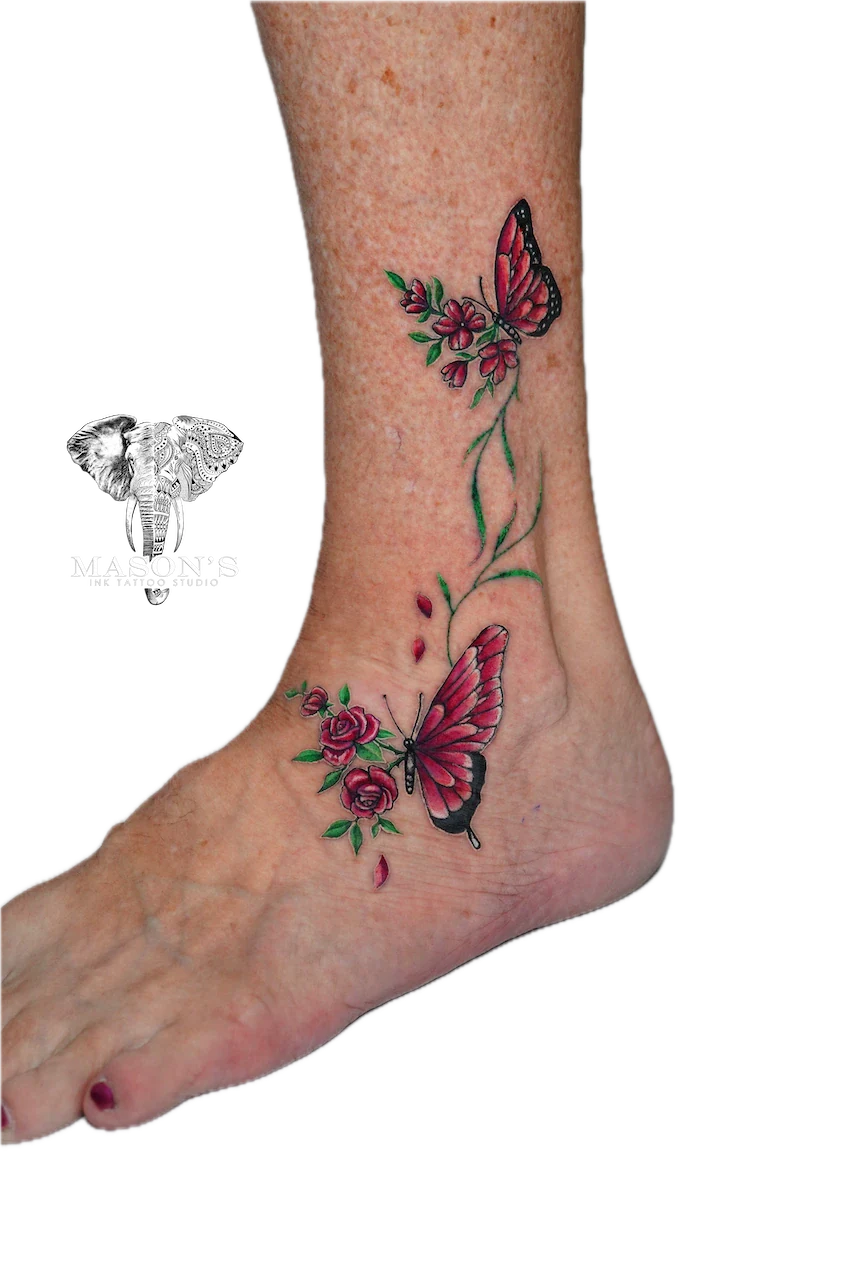 Color Realism Butterfly & Rose Tattoo - Colour tattoo by Mason's Ink Tattoo Studio, Bali
