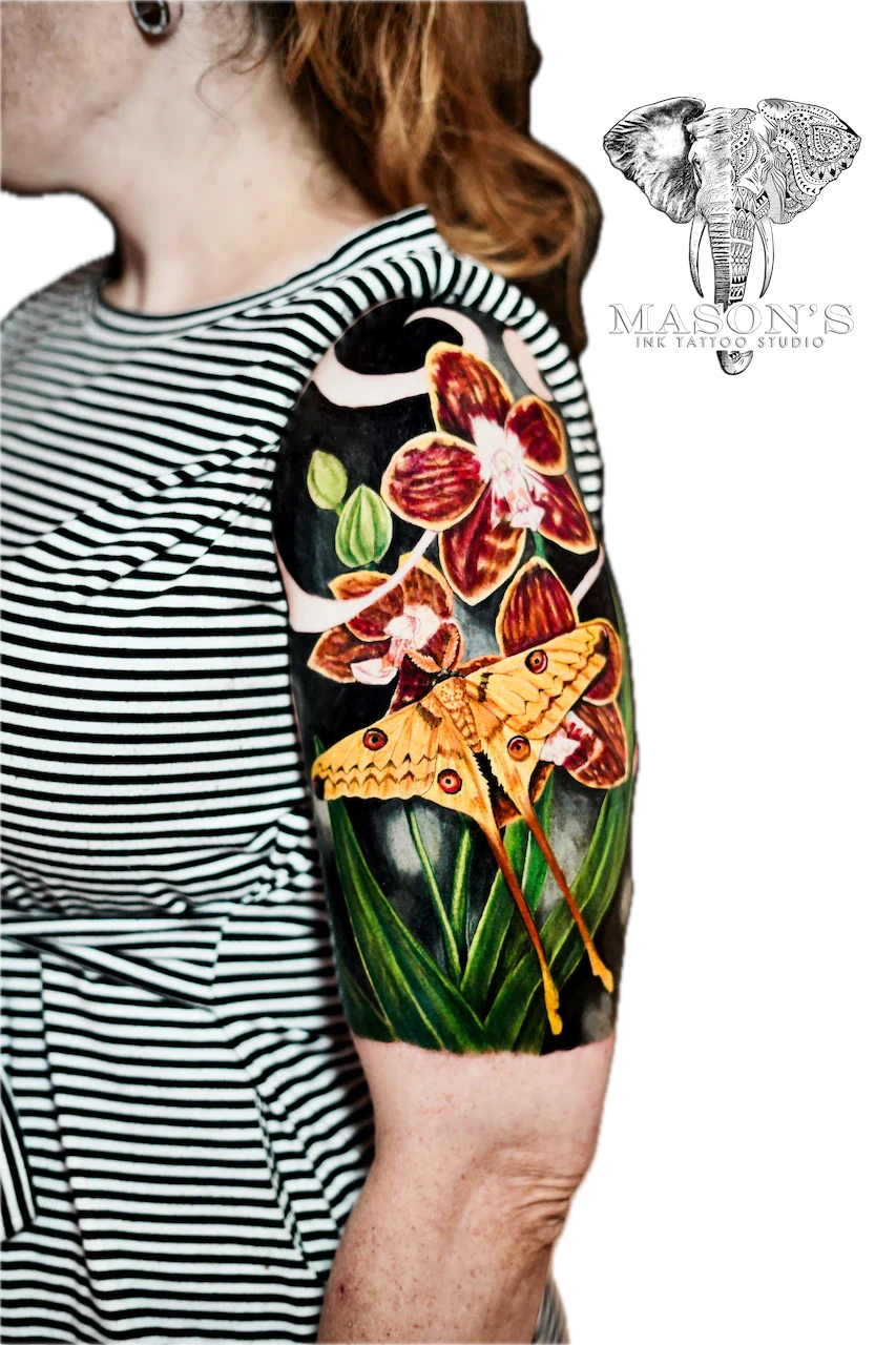 Color Realism Floral Butterfly Tattoo Design - Colour tattoo by Mason's Ink Tattoo Studio, Bali