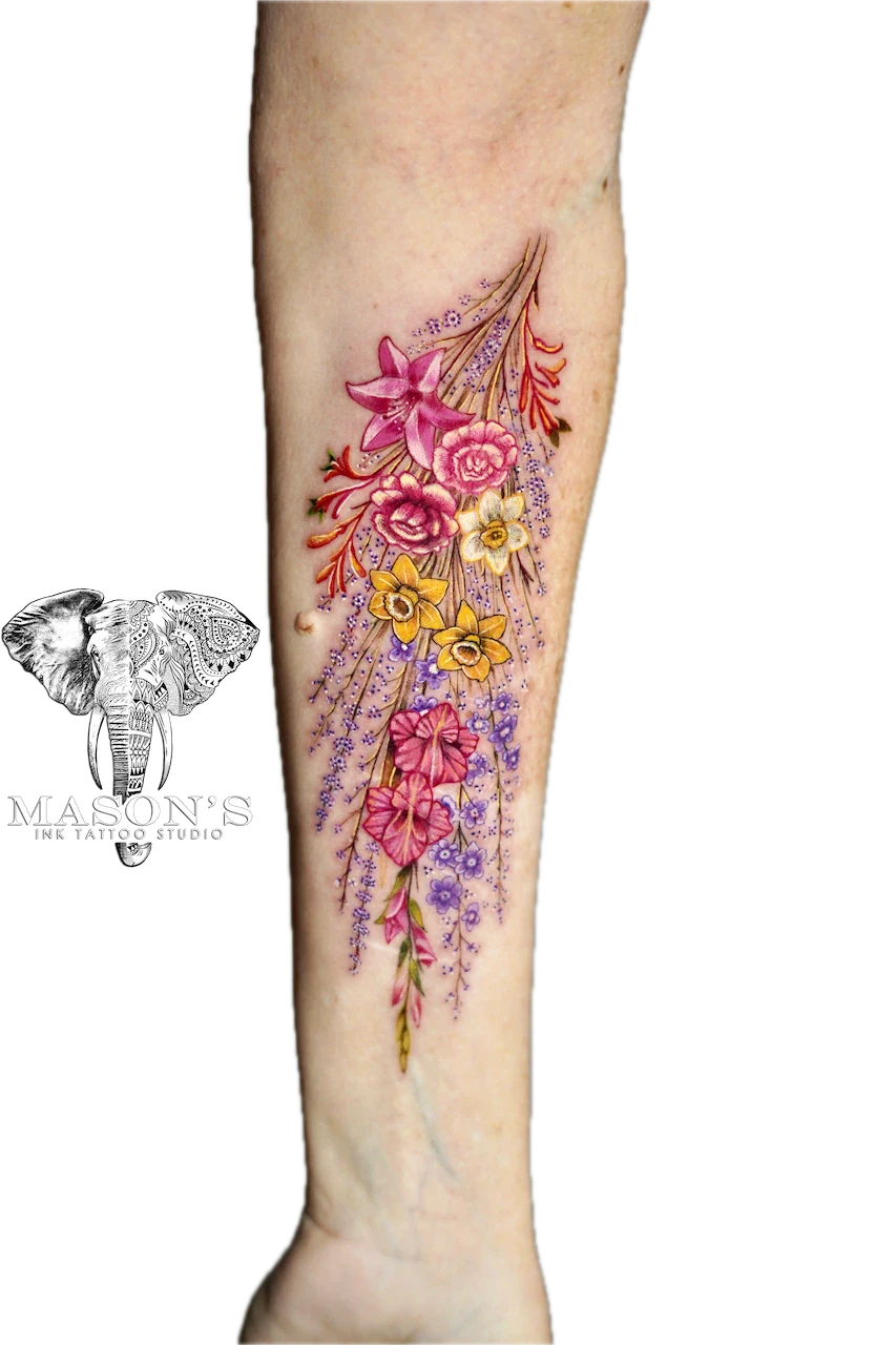 Color Realism Flower Bucket Tattoo Design - Colour tattoo by Mason's Ink Tattoo Studio, Bali