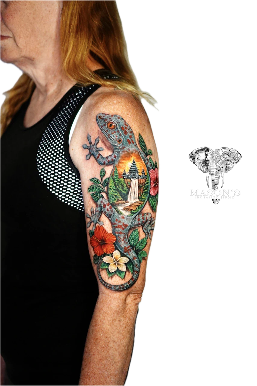 Color Realism Gecko and Flower Tattoo Design by Mason's Ink Tattoo Studio, Bali