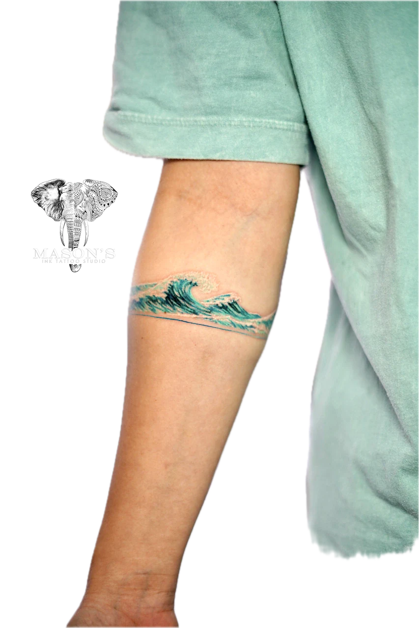 Color Realism Wave Armband Tattoo Design: a small wave tattoo on the calf