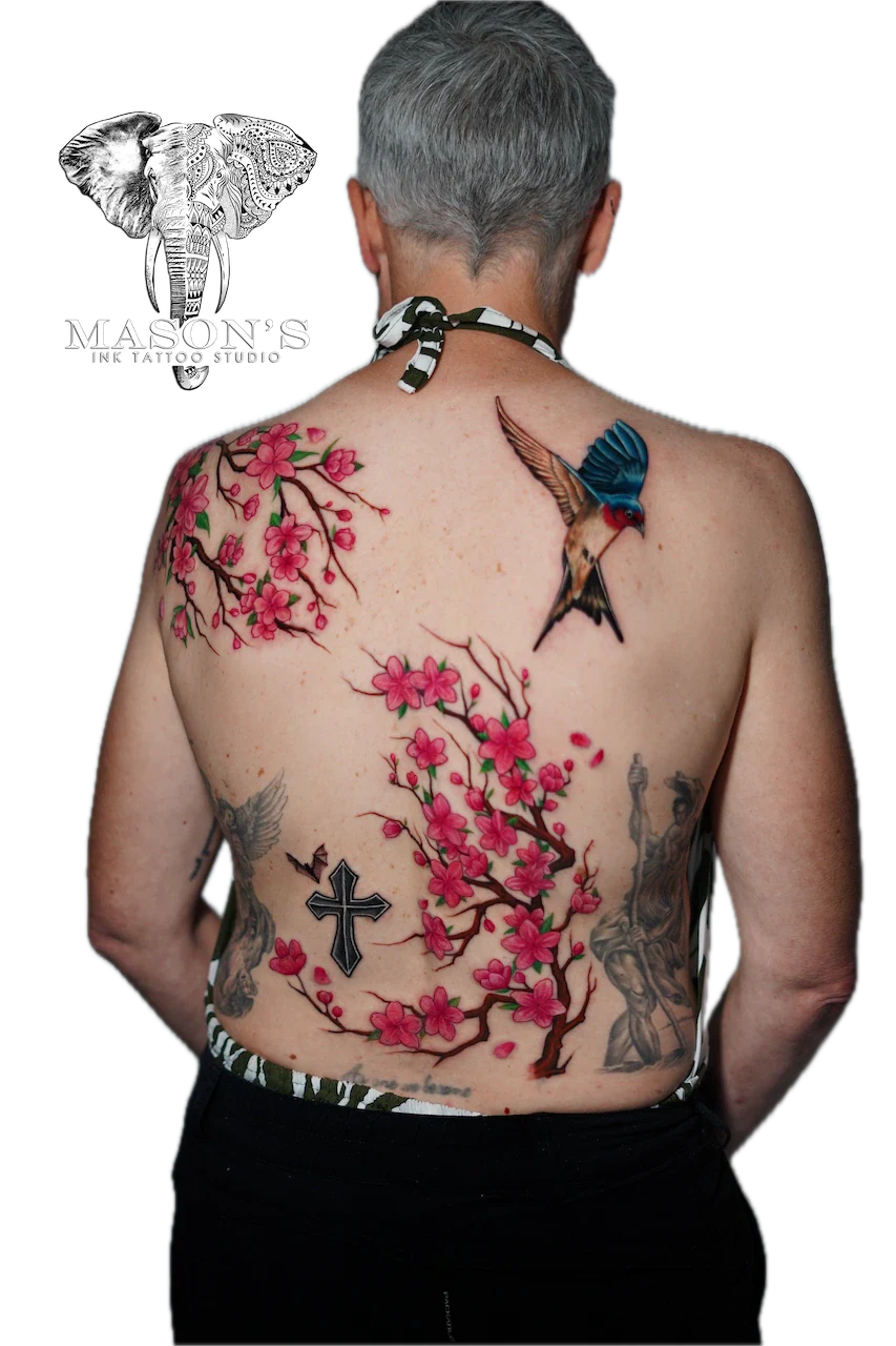Color Sakura and Bird Tattoo Design - Colour tattoo by Mason's Ink Tattoo Studio, Bali