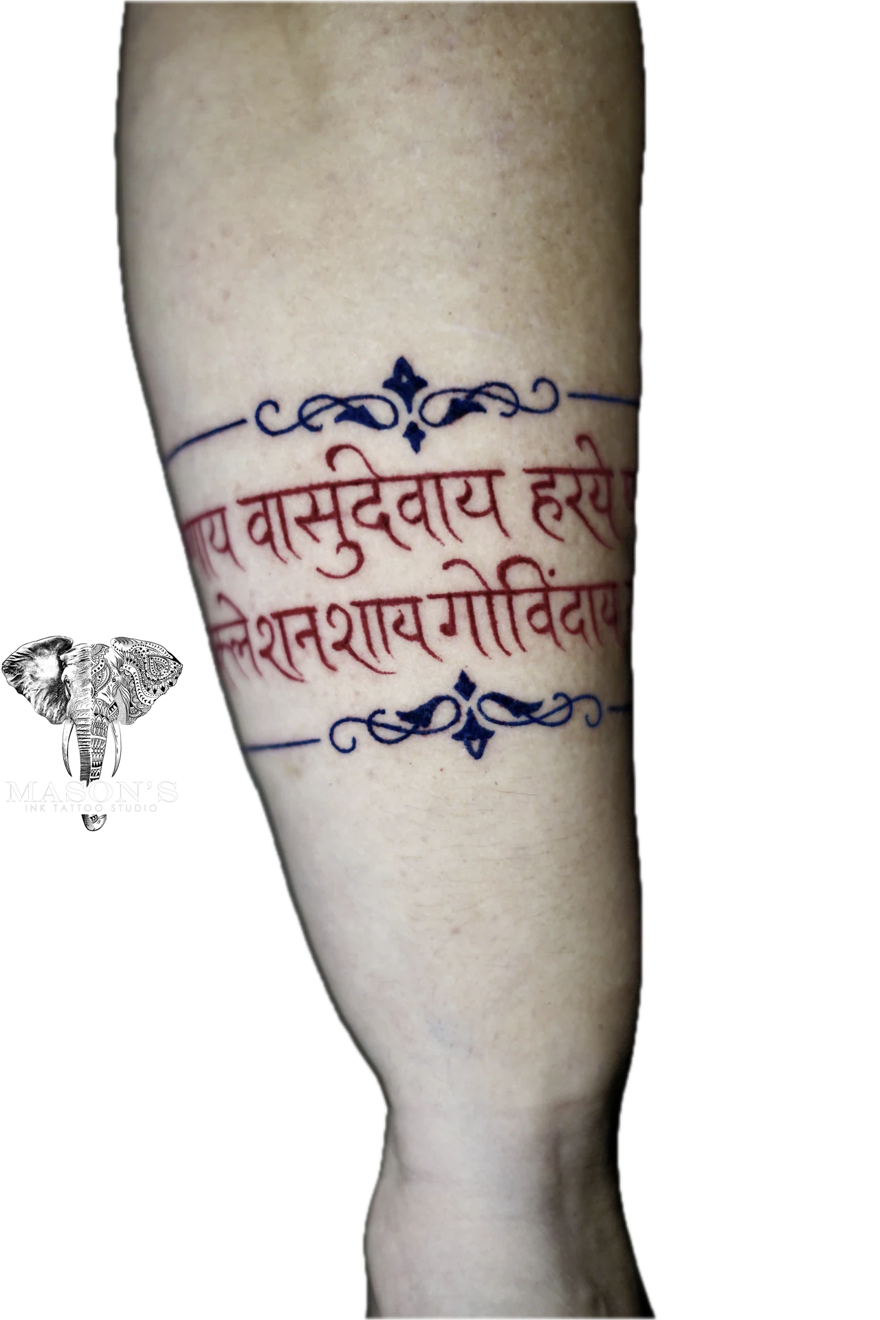 Color Script Hindi Red Sanskrit Tattoo by Mason's Ink Tattoo Studio, Bali