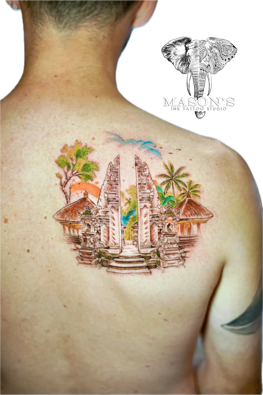 Color Temple Tattoo Design - Colour tattoo by Mason's Ink Tattoo Studio, Bali