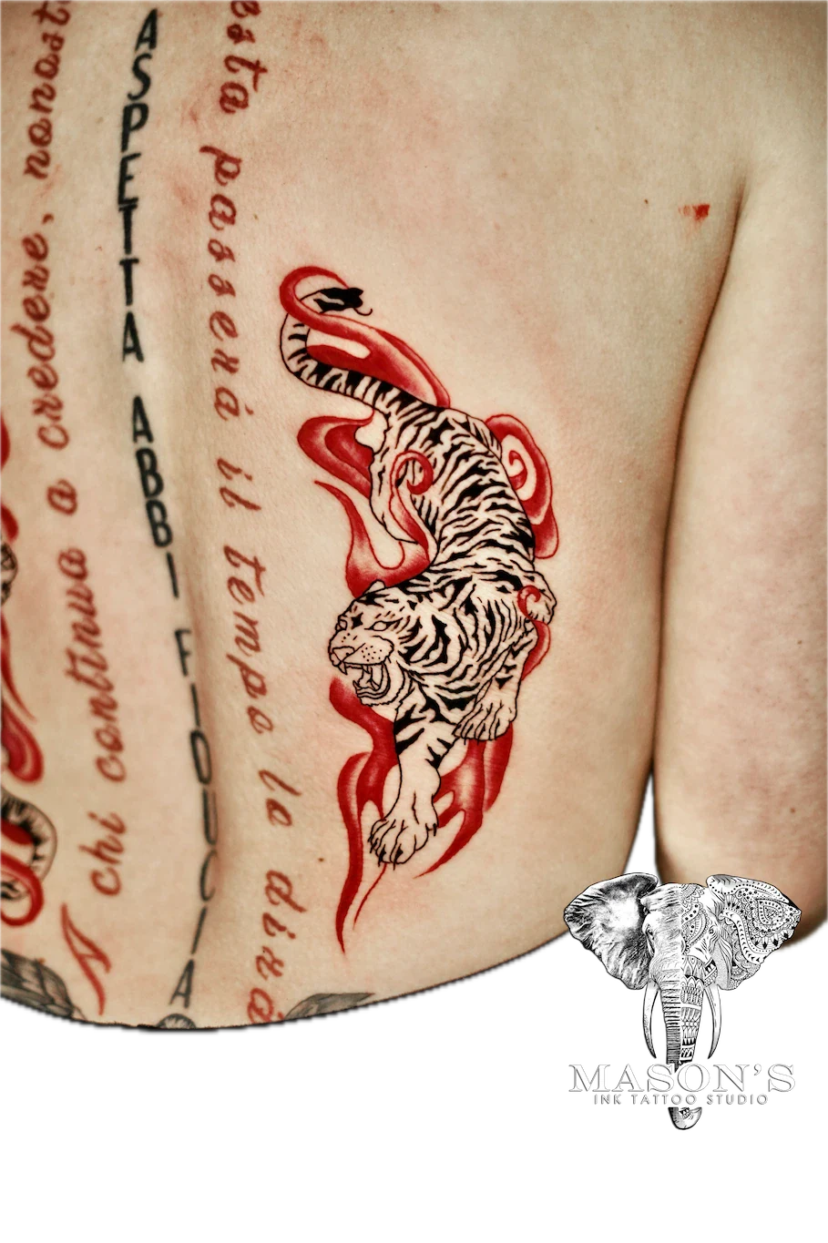 Color Tiger and Fire Tattoo Design - Colour tattoo by Mason's Ink Tattoo Studio, Bali