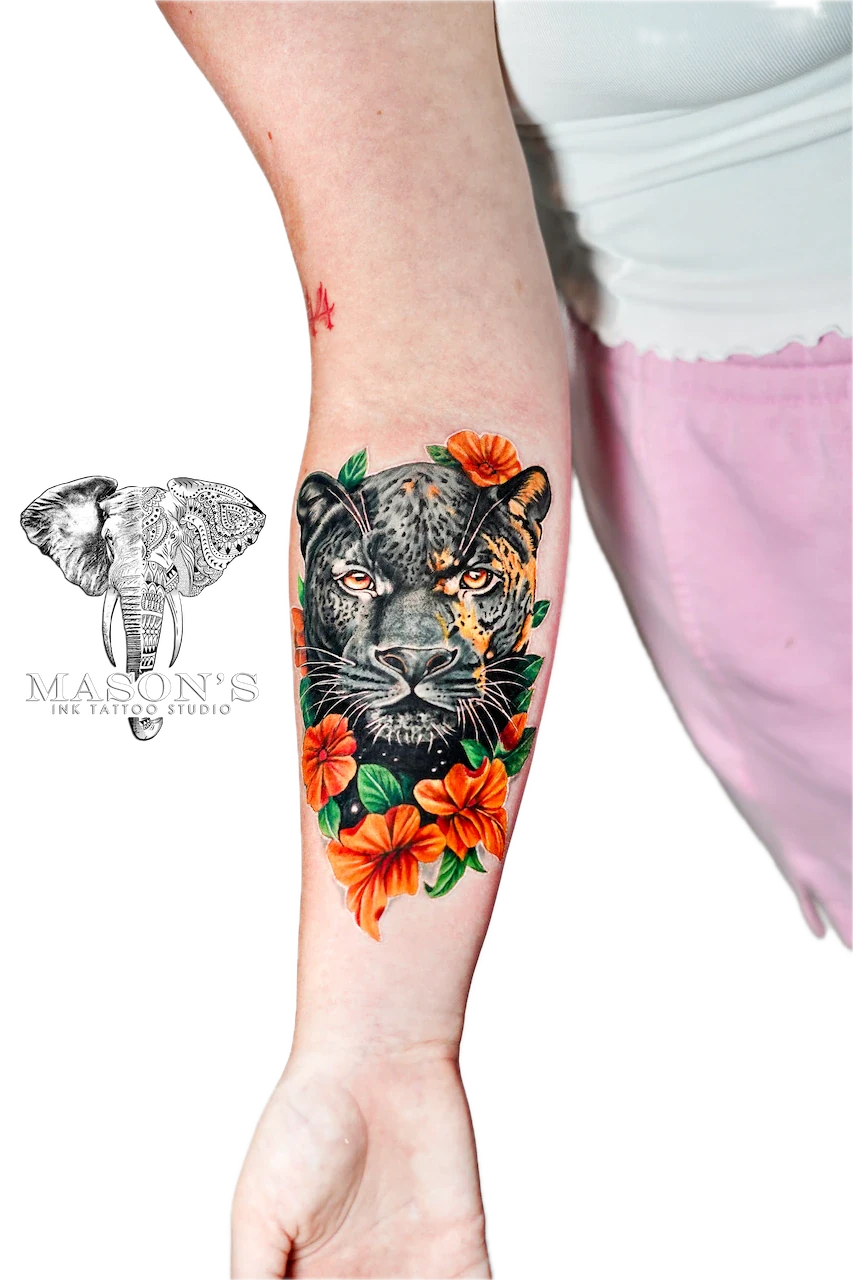 Color Tiger and Flower Cover Up Tattoo Design - Colour tattoo by Mason's Ink Tattoo Studio, Bali