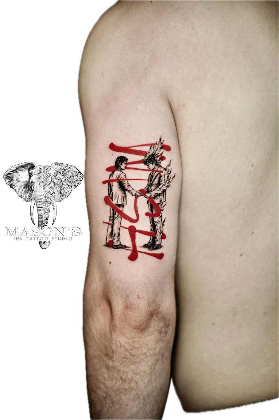 Color Two Men and Script Tattoo Design - Colour tattoo by Mason's Ink Tattoo Studio, Bali