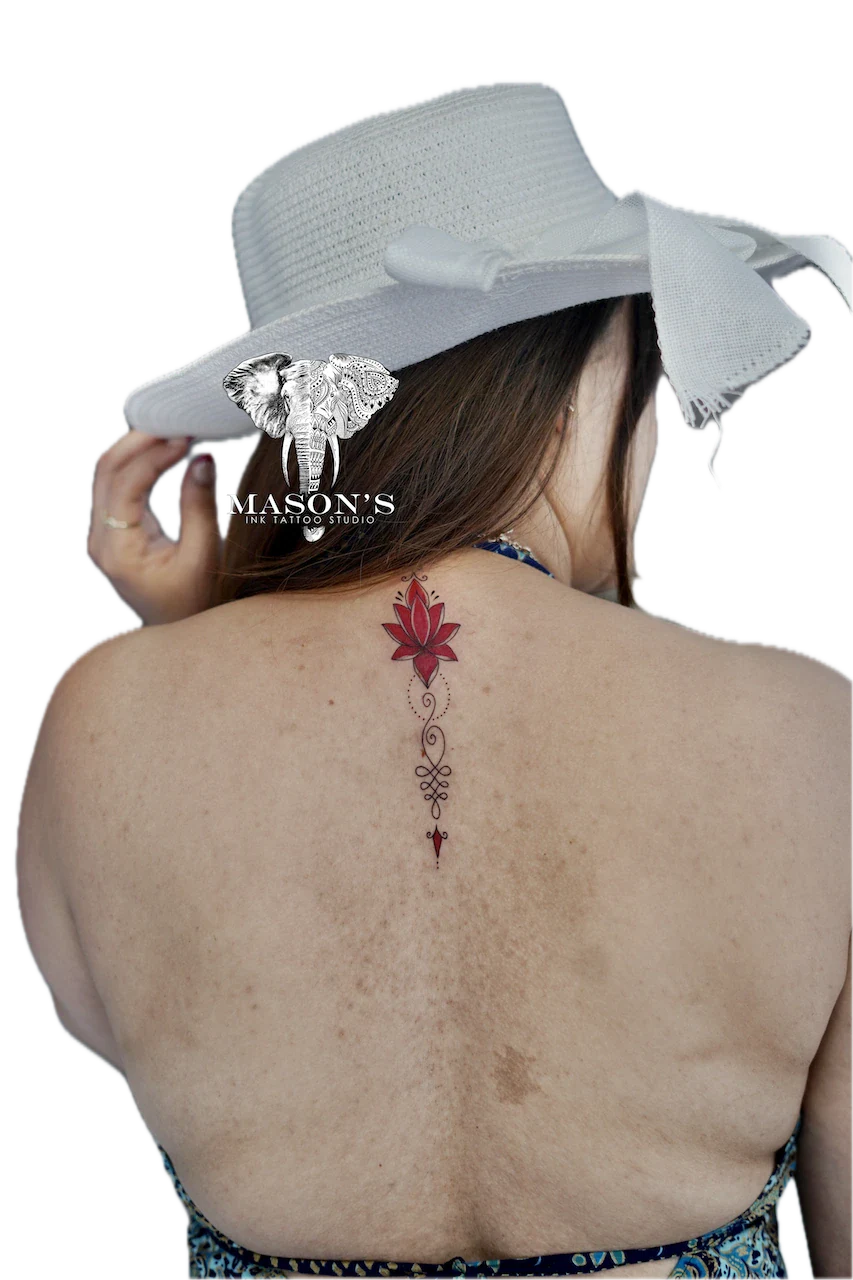 Elegant Fine Line Lotus Color Tattoo Design - Colour tattoo by Mason's Ink Tattoo Studio, Bali