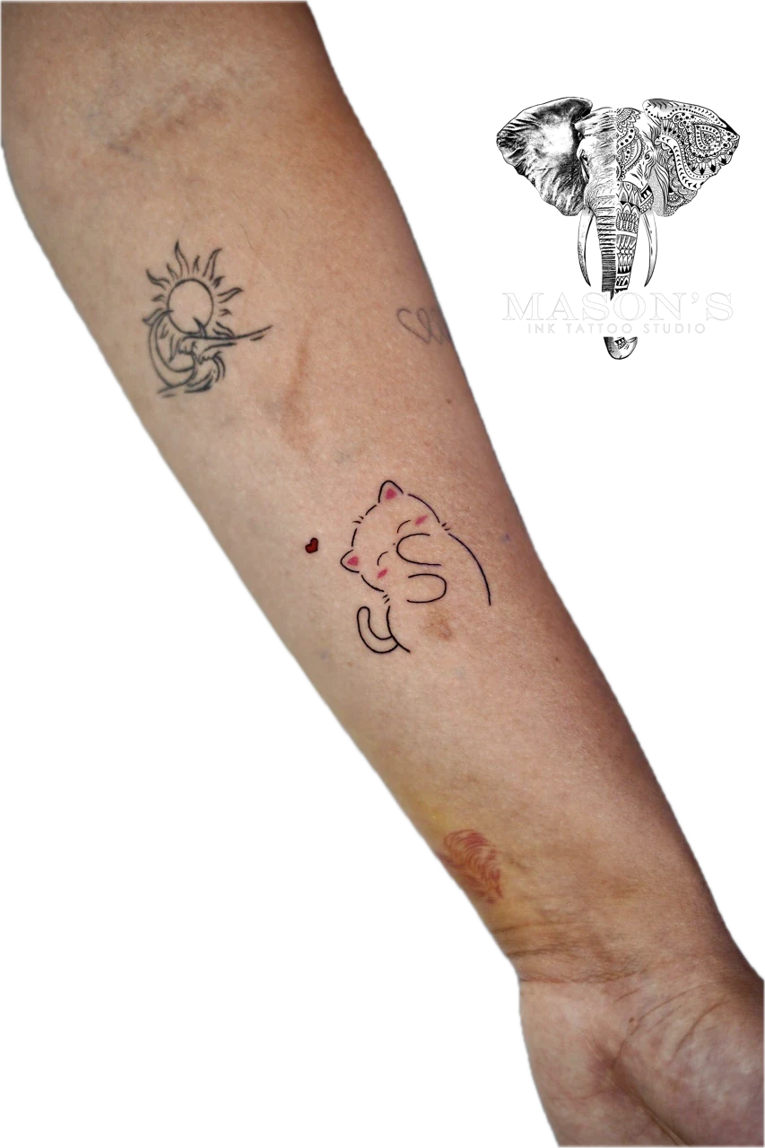 Fine Line Color Cat Tattoo Design by Mason's Ink Tattoo Studio, Bali
