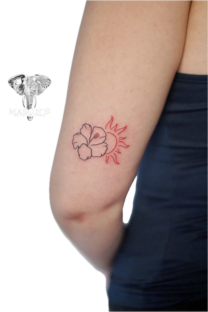 Fine Line Floral Outline Color Tattoo Design by Mason's Ink Tattoo Studio, Bali