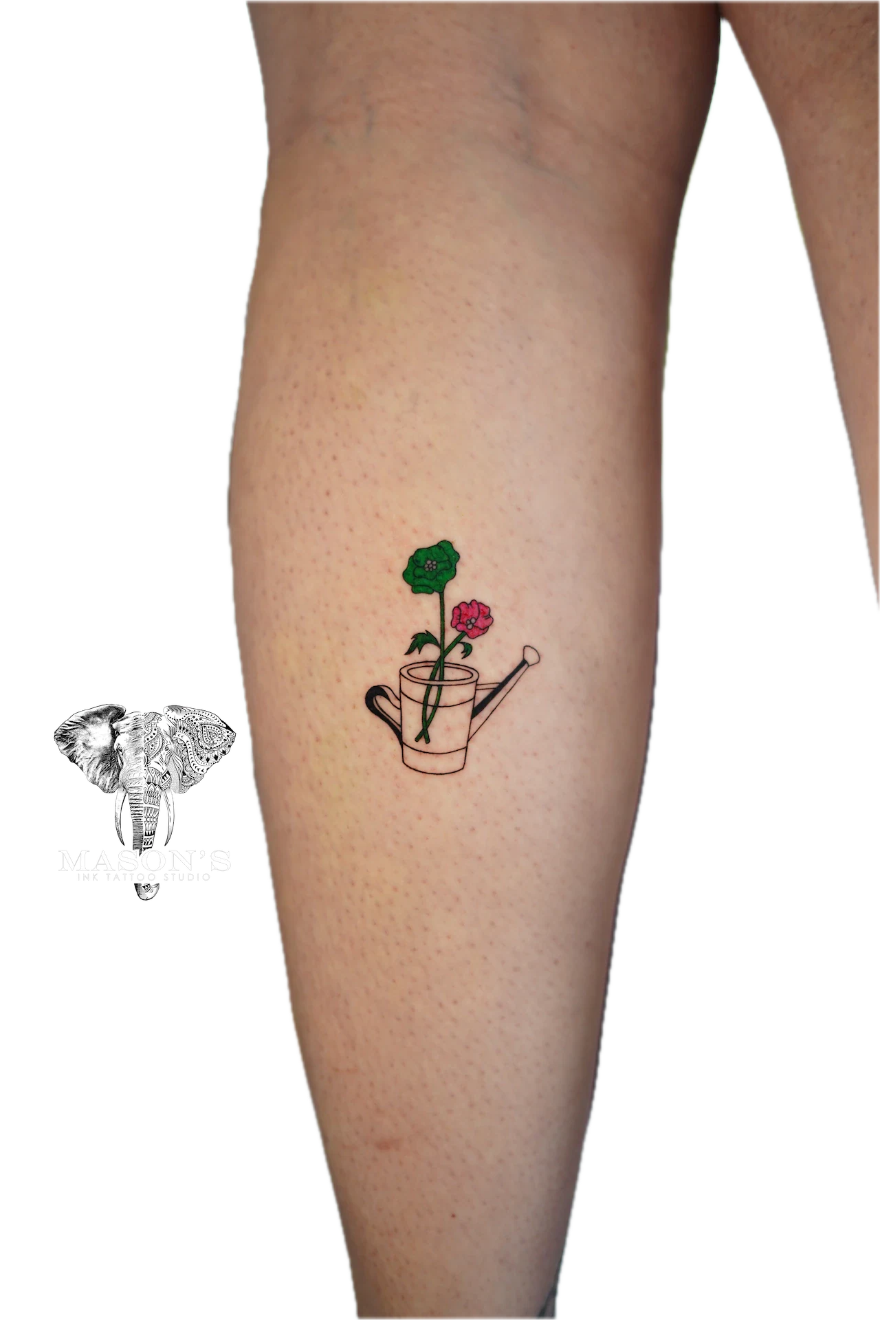 Fine Line Flower Watering Can Tattoo Design: a small watering can with a flower on a calf