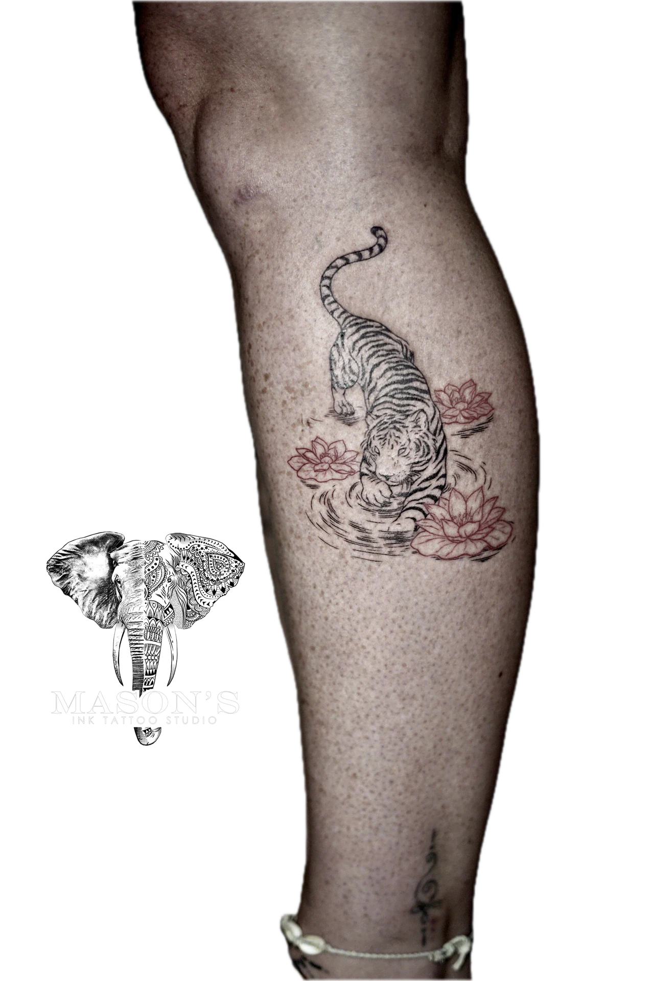 Fine Line Color Tiger Flower Water Tattoo by Mason's Ink Tattoo Studio, Bali