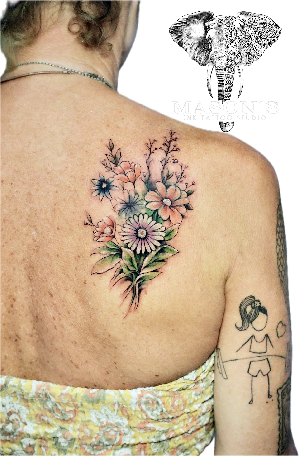 Floral Color Flower Tattoo Style Design: a colorful bouquet of flowers with a minimalist girl sketch on the arm