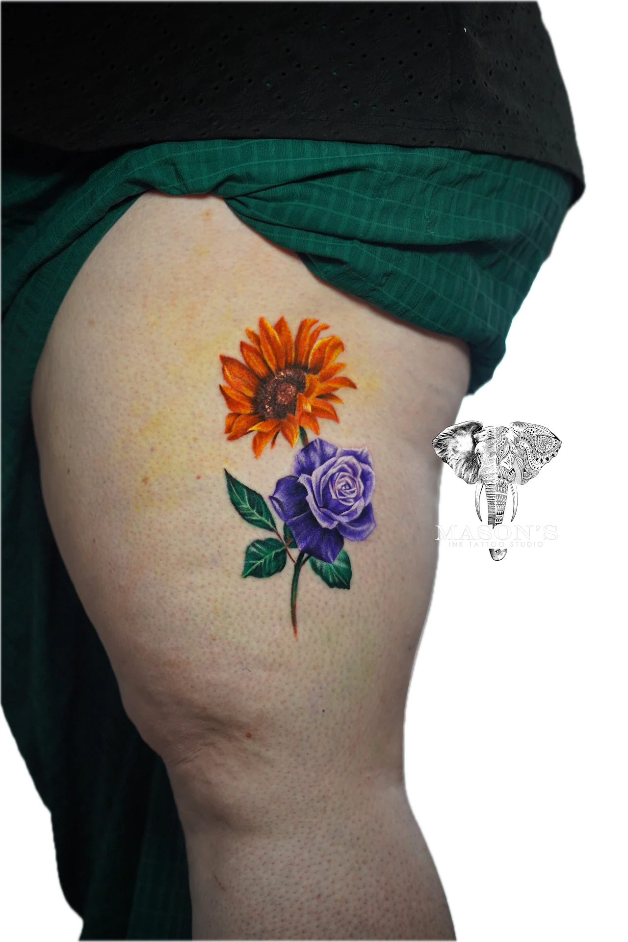 Colored Floral Tattoo Style Design: a sunflower and purple rose on the shoulder