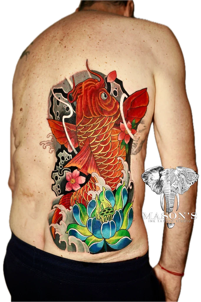 Japanese Koi Fish Tattoo Design - Colour tattoo by Mason's Ink Tattoo Studio, Bali